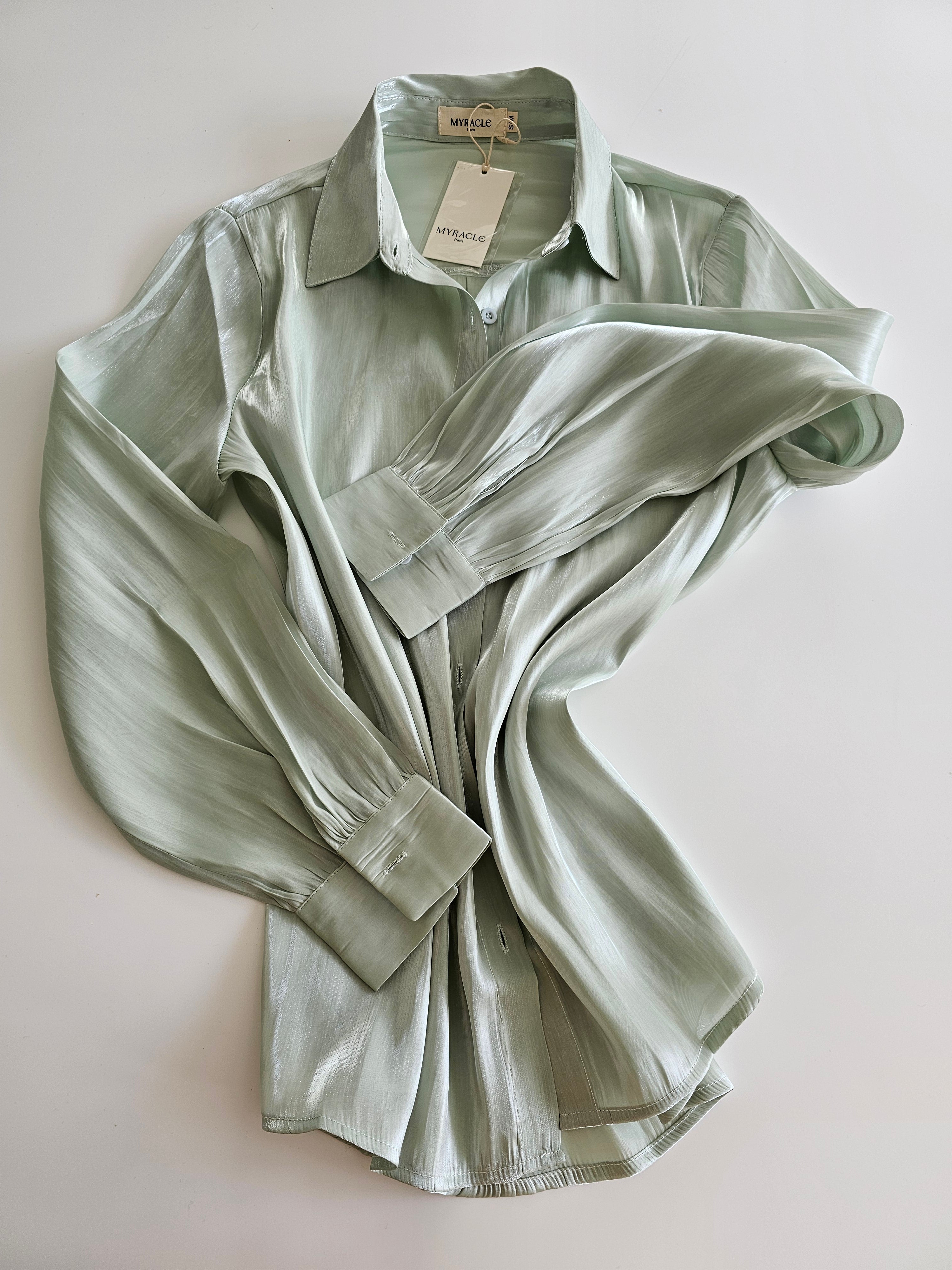 Mint Silk Blouse in licht mintgroen met glans.