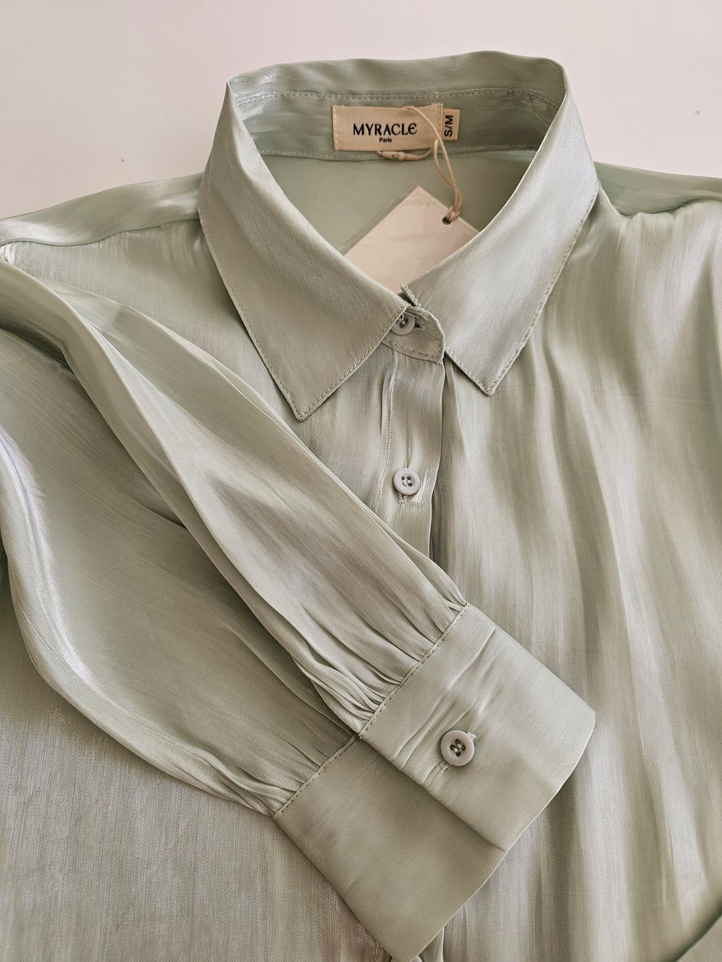 Mint Silk Blouse in licht mintgroen met glans.