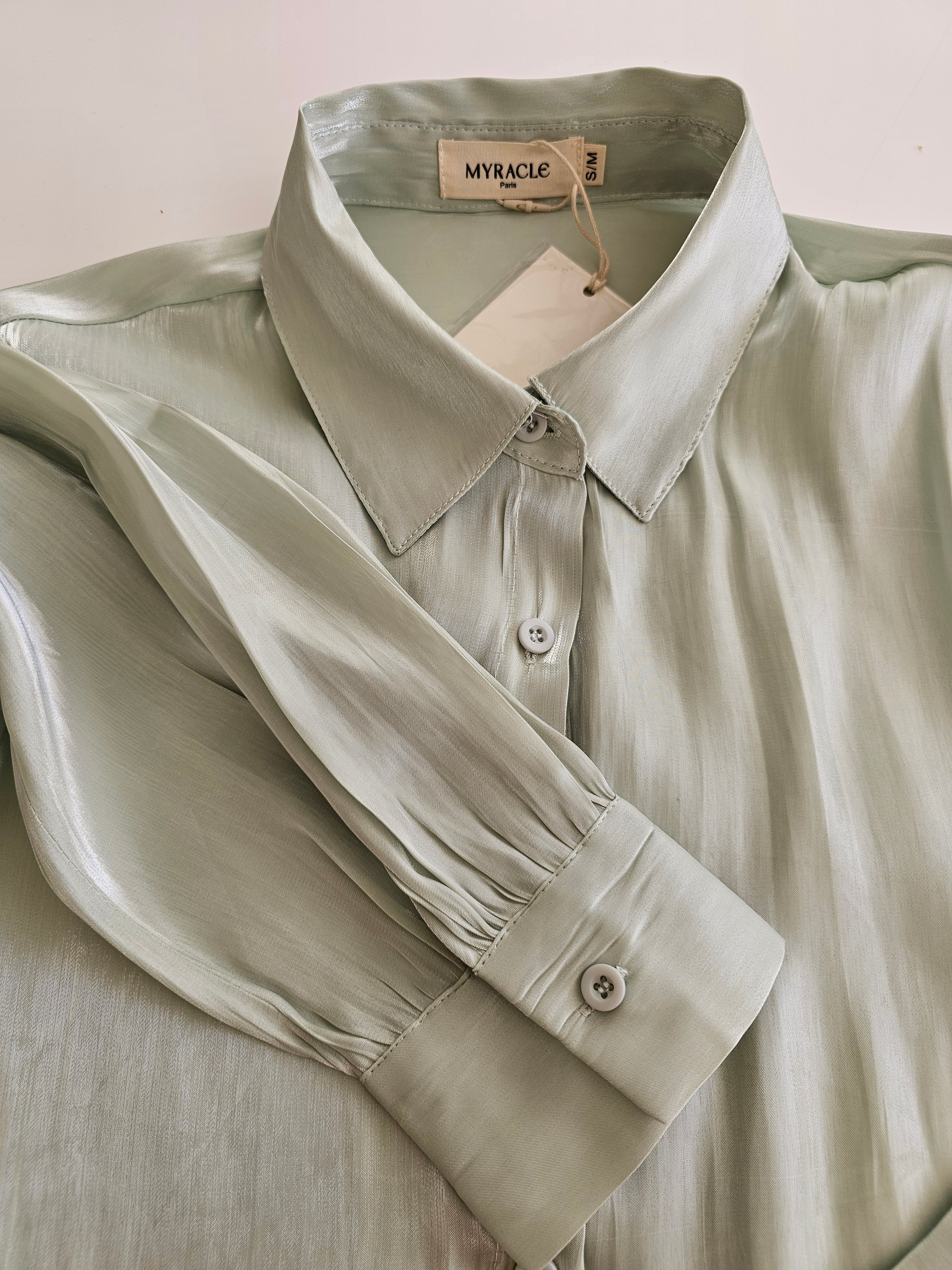 Mint Silk Blouse in licht mintgroen met glans.